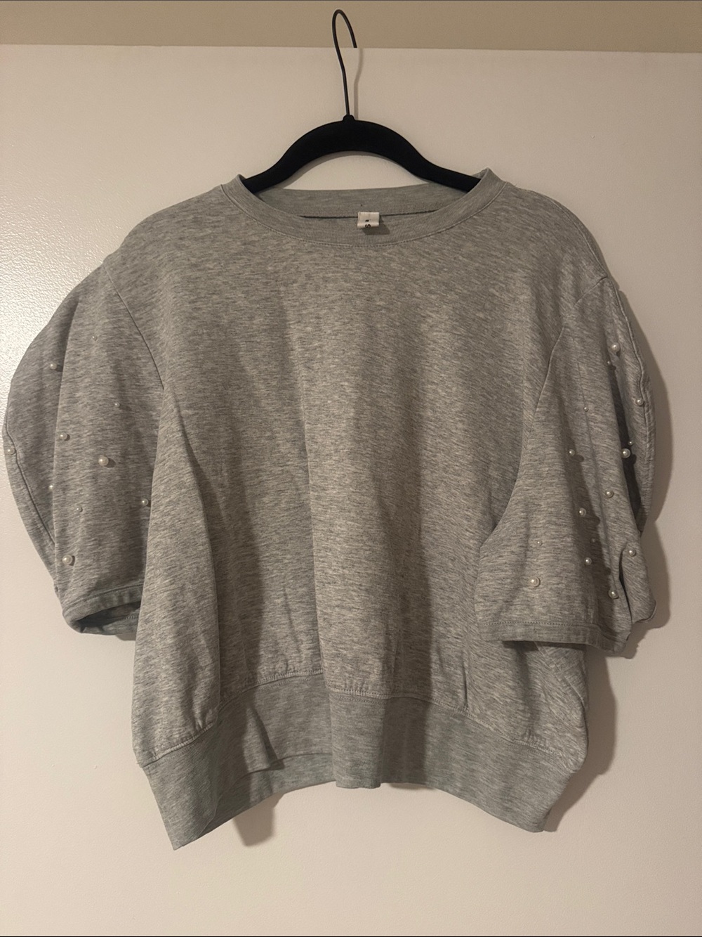 Gray Puff Sleeve Pearl Sweatshirt